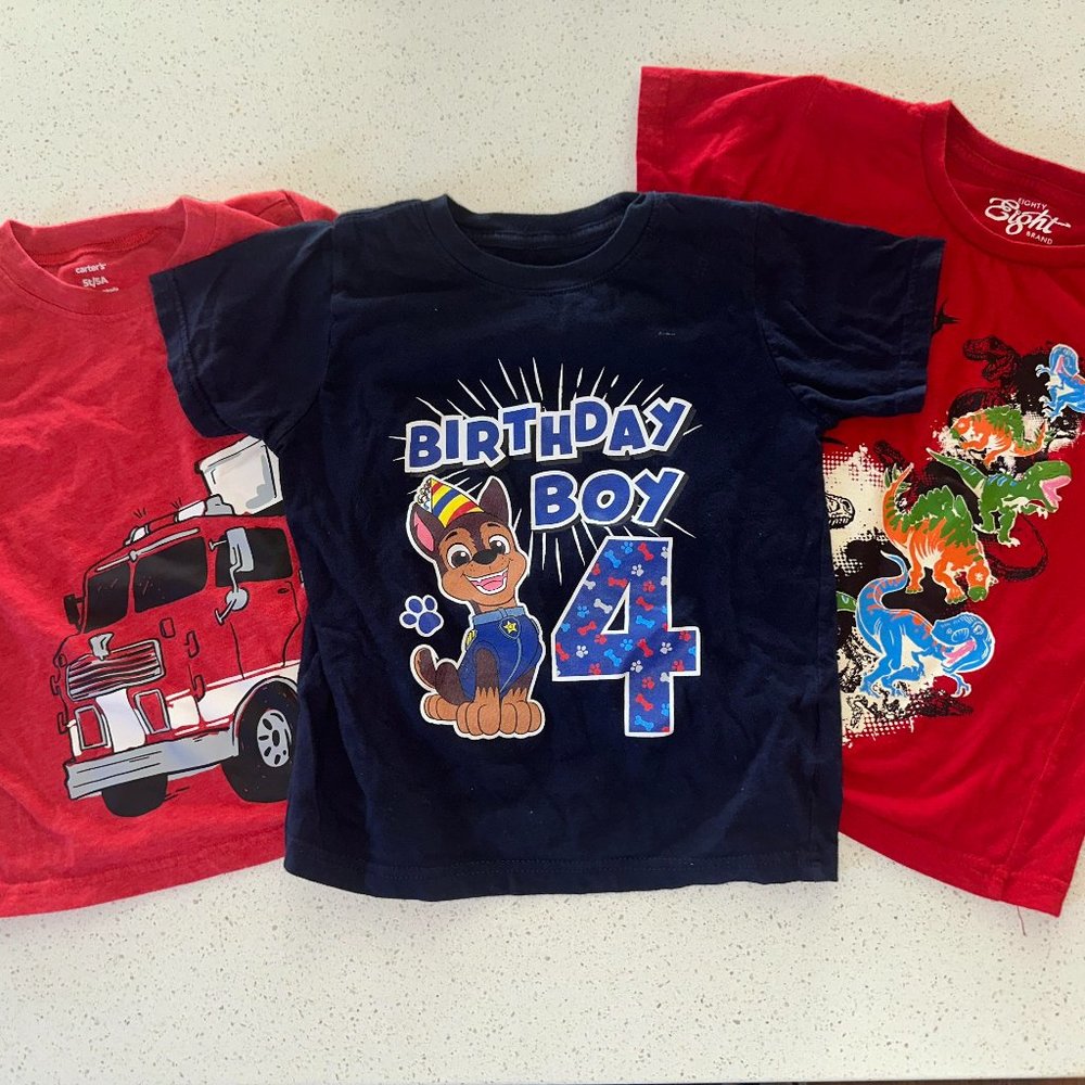 Bundle 3 Boys Shirts - Paw Patrol 4th Birthday / Fire Truck / Dinos Size 5T
